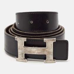Pre Owned Hermes Black/Chocolat Box and Togo Leather H Buckle Reversible Belt 105CM