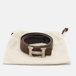 Pre Owned Hermes Black/Chocolat Box and Togo Leather H Buckle Reversible Belt 105CM