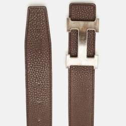 Pre Owned Hermes Black/Chocolat Box and Togo Leather H Buckle Reversible Belt 105CM