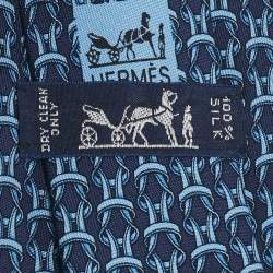 Pre Owned Hermès Navy Blue Equestrian Reigns Printed Silk Tie