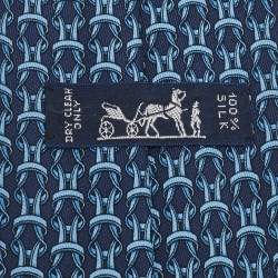 Pre Owned Hermès Navy Blue Equestrian Reigns Printed Silk Tie