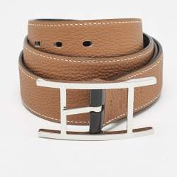 Pre Owned Hermès Noir/Gold Box and Togo Leather Quentin Reversible Belt 90 CM