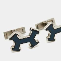 Pre Owned Hermès Dark Blue Street H Enamel Palladium Plated Cufflinks