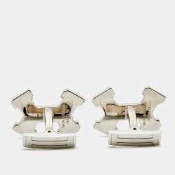 Pre Owned Hermès Dark Blue Street H Enamel Palladium Plated Cufflinks