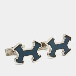 Pre Owned Hermès Dark Blue Street H Enamel Palladium Plated Cufflinks