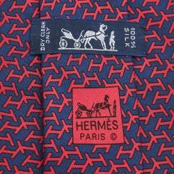 Pre Owned Hermès Navy Blue/Red Printed Silk Classic Tie