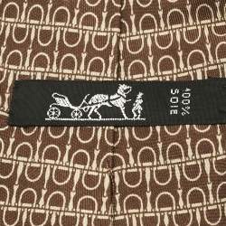 Pre Owned Hermès Brown Horse Bit Print Silk Traditional Tie