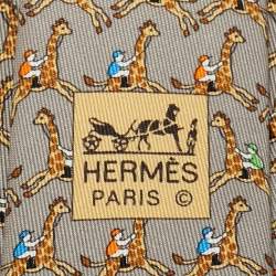 Pre Owned Hermès Grey Giraffe Riding Print Silk Tie