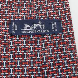 Pre Owned Hermès Navy Blue/Red All-Over H Print Silk Tie