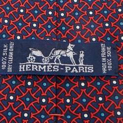 Pre Owned Hermès Navy Blue/Red Geometric Print Silk Traditional Tie