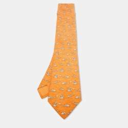 Pre Owned Hermès Orange Raccoon Print Silk Tie