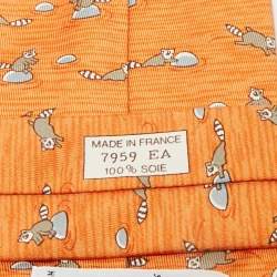 Pre Owned Hermès Orange Raccoon Print Silk Tie