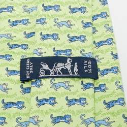 Pre Owned Hermes Green Tiger and Monkey Print Silk Traditional Tie