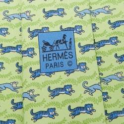 Pre Owned Hermes Green Tiger and Monkey Print Silk Traditional Tie