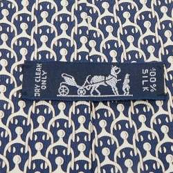 Pre Owned Hermès Navy Blue Print Silk Traditional Tie