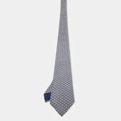 Pre Owned Hermès Navy Blue Print Silk Traditional Tie 