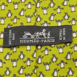 Pre Owned Hermès Green Whimsical Penguins Print Silk Tie