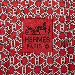 Pre Owned Hermès Red Geomteric Print Silk Tie
