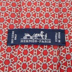 Pre Owned Hermès Red Geomteric Print Silk Tie