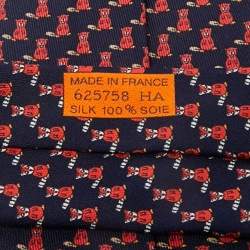 Pre Owned Hermès Blue Seal and Fox Print Silk Tie