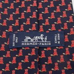 Pre Owned Hermès Blue Seal and Fox Print Silk Tie