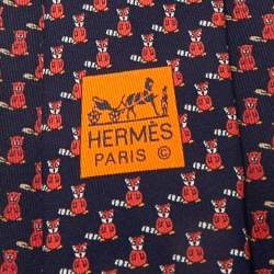 Pre Owned Hermès Blue Seal and Fox Print Silk Tie
