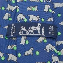 Pre Owned Hermès Blue Puppy Print Silk Tie 