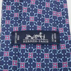 Pre Owned Hermès Blue Floral Print Silk Tie