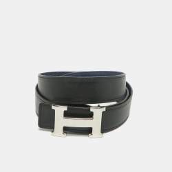 Pre Owned Hermès Noir/Bleu Saphir Swift and Epsom Leather H Martelee Buckle Reversible Belt 100 CM