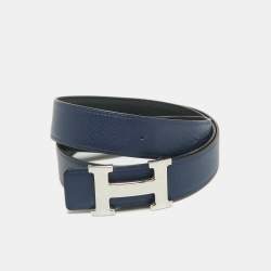 Pre Owned Hermès Noir/Bleu Saphir Swift and Epsom Leather H Martelee Buckle Reversible Belt 100 CM