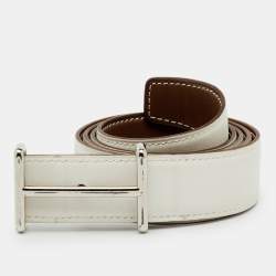 مملوكة مسبقًا Hermès Etoupe/Blanc Swift Leather Palladium Finish Reversible Idem Belt 95CM