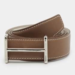 Pre Owned Hermès Etoupe/Blanc Swift Leather Palladium Finish Reversible Idem Belt 95CM