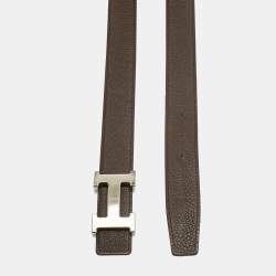 Pre Owned Hermes Chocolat/Noir Togo and Box Leather Brushed H Buckle Reversible Belt 85 CM