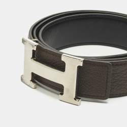 Pre Owned Hermes Chocolat/Noir Togo and Box Leather Brushed H Buckle Reversible Belt 85 CM