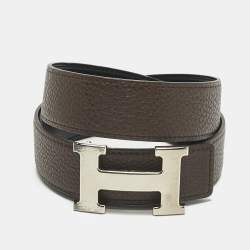 Pre Owned Hermes Chocolat/Noir Togo and Box Leather Brushed H Buckle Reversible Belt 85 CM