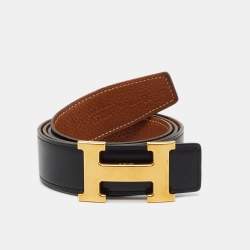Pre Owned Hermes Black/Gold Box and Togo Leather Reversible H Buckle Belt 90CM