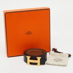 Pre Owned Hermes Black/Gold Box and Togo Leather Reversible H Buckle Belt 90CM