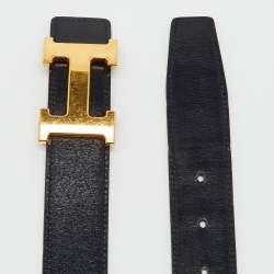 Pre Owned Hermes Black/Gold Box and Togo Leather Reversible H Buckle Belt 90CM