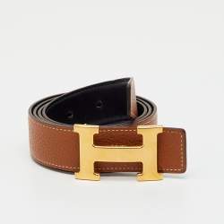 Pre Owned Hermes Black/Gold Box and Togo Leather Reversible H Buckle Belt 90CM