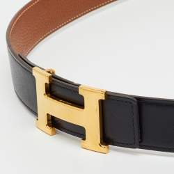 Pre Owned Hermes Black/Gold Box and Togo Leather Reversible H Buckle Belt 90CM