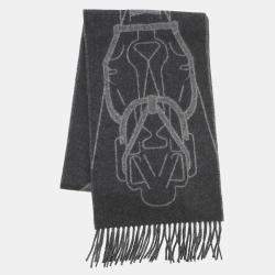 Pre Owned Hermes Scarf Te Te Equestre Anthracite/Gris Cineh 04 Cashmere100%