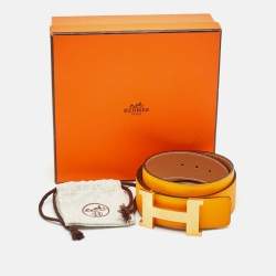 Pre Owned حزام هيرمس كونستانس قابل لعكس اتجاه الإبزيم جلد إيبسوم وسويفت ذهب/أصفر 95 سم