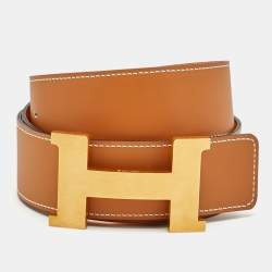 Pre Owned حزام هيرمس كونستانس قابل لعكس اتجاه الإبزيم جلد إيبسوم وسويفت ذهب/أصفر 95 سم