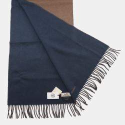 Pre Owned Hermes Cashmere Scarf "Rectoverso" Etoupe / Blue Ardoise Cashmere100%
