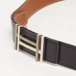 Pre Owned حزام هيرمس إتش أو كير جلد توغو و دي بروس شامونيكس أسود / أزرق بوجهين 95 سم