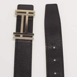 Pre Owned حزام هيرمس إتش أو كير جلد توغو و دي بروس شامونيكس أسود / أزرق بوجهين 95 سم