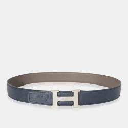 Pre Owned Hermes Epsom Etain Bleu De Prusse H Guilloche Belt 80