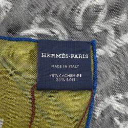 Pre Owned Hermes Carr H Calligraphy Equestre Size 140 Gravier/Chartreuse/Atlantic Cashmere Silk 