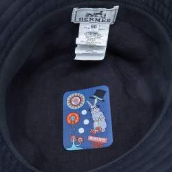 Pre Owned Hermès Navy Blue Cotton Fred H Circle Bucket Hat Size 60 