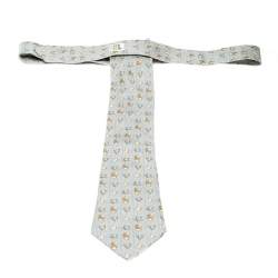 Pre Owned Hermes Grey Chicken and Rabbit Easter Patterned Silk Tie